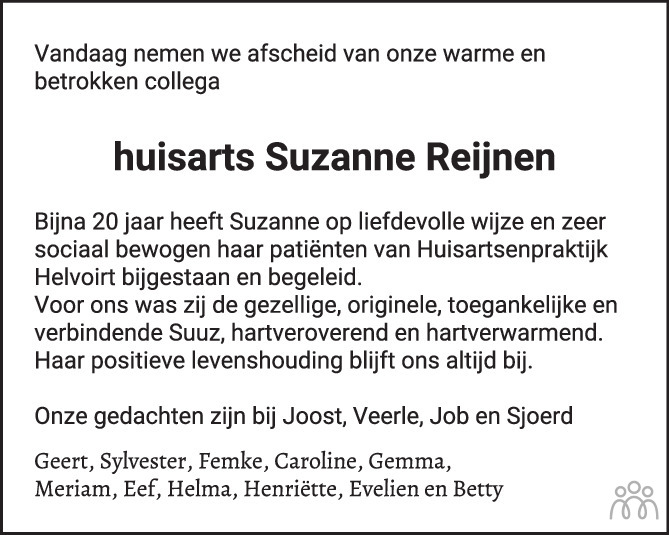 Overlijdensbericht van Suzanne Reijnen in Brabants Dagblad