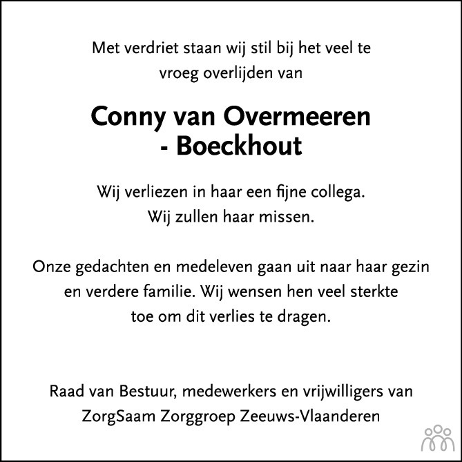 Overlijdensbericht van Conny (Martha Maria) van Overmeeren-Boeckhout in PZC Provinciale Zeeuwse Courant