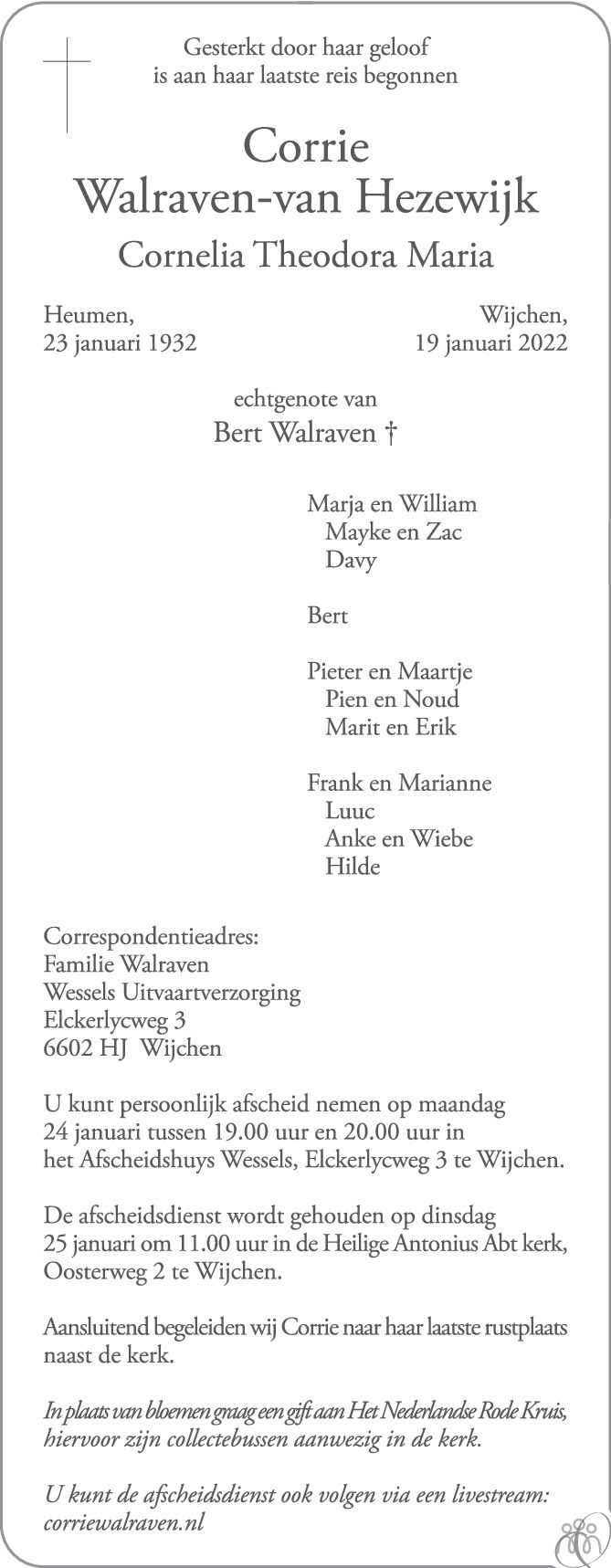 Overlijdensbericht van Corrie (Cornelia Theodora Maria) Walraven-van Hezewijk in de Gelderlander