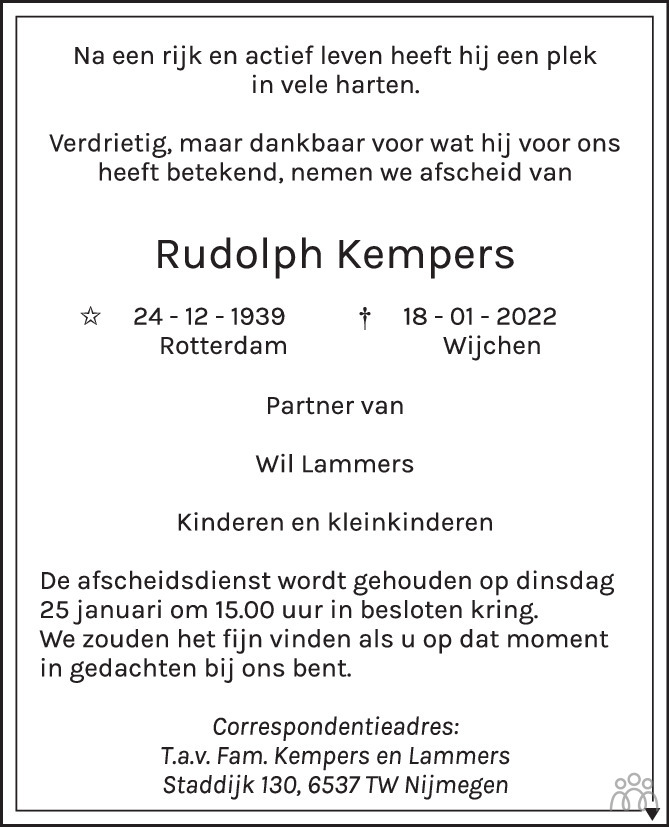Overlijdensbericht van Rudolph Kempers in de Gelderlander