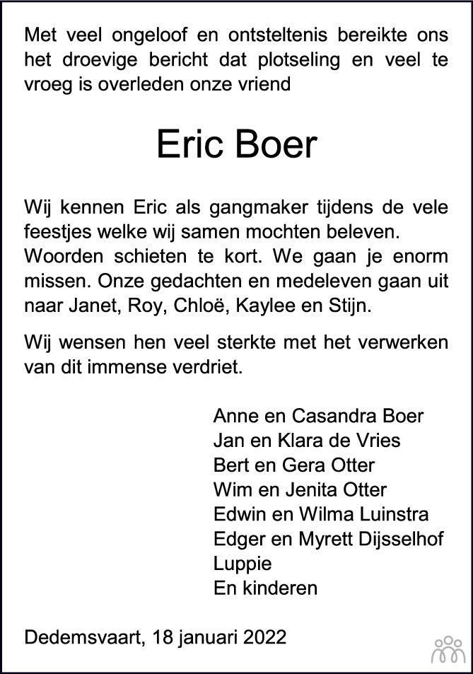 Overlijdensbericht van Eric (Hendrik Albert) Boer in de Stentor