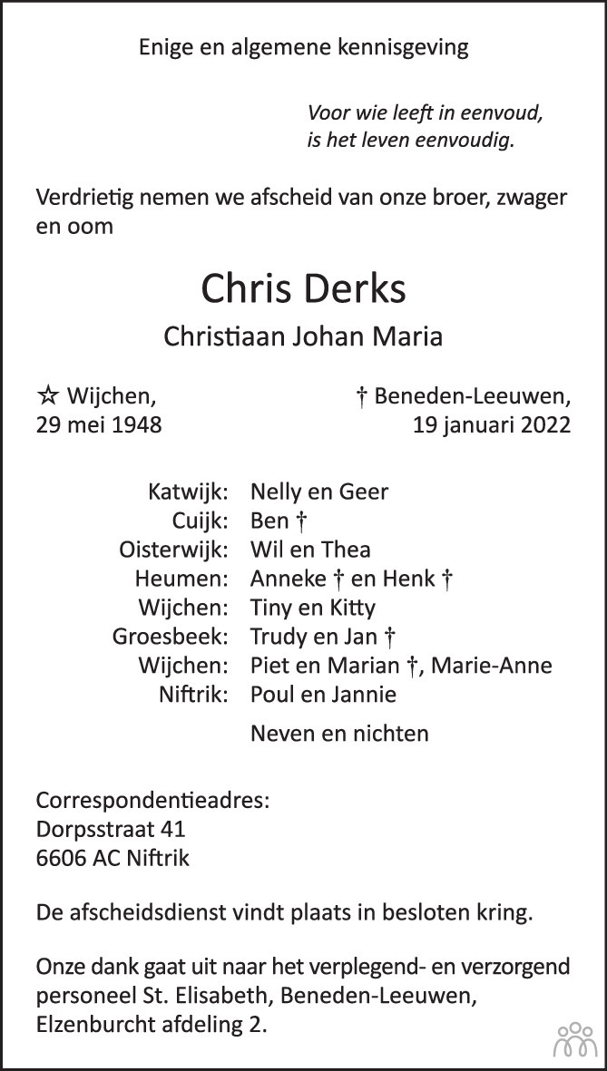 Overlijdensbericht van Chris (Christiaan Johan Maria) Derks in de Gelderlander