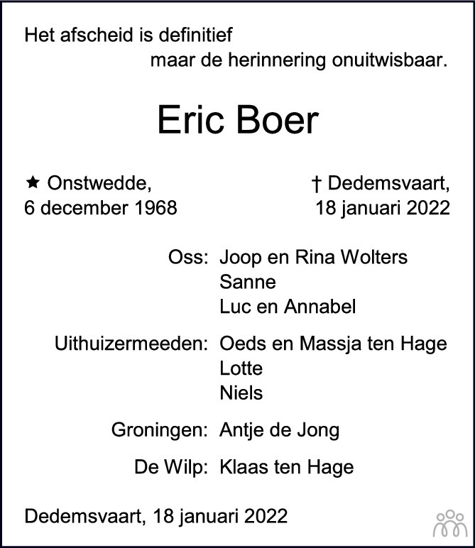 Overlijdensbericht van Eric (Hendrik Albert) Boer in de Stentor