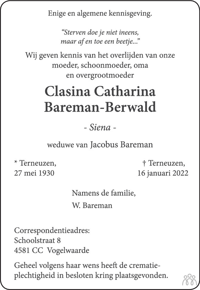 Overlijdensbericht van Clasina Catharina (Siena) Bareman-Berwald in PZC Provinciale Zeeuwse Courant