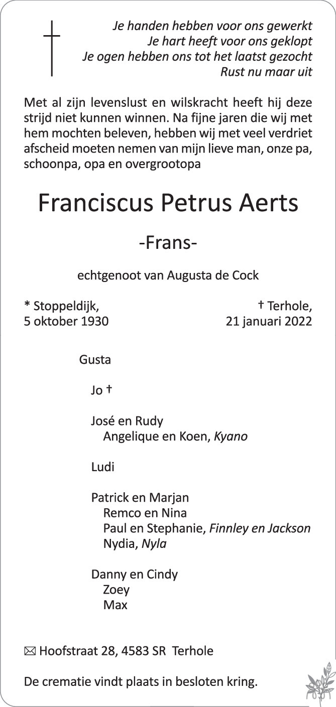 Overlijdensbericht van Frans (Franciscus Petrus) Aerts in PZC Provinciale Zeeuwse Courant