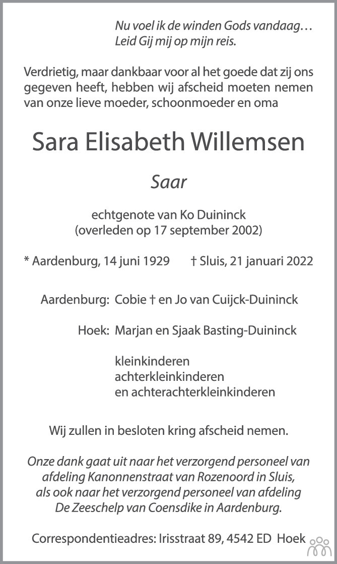 Overlijdensbericht van Sara Elisabeth (Saar) Willemsen in PZC Provinciale Zeeuwse Courant