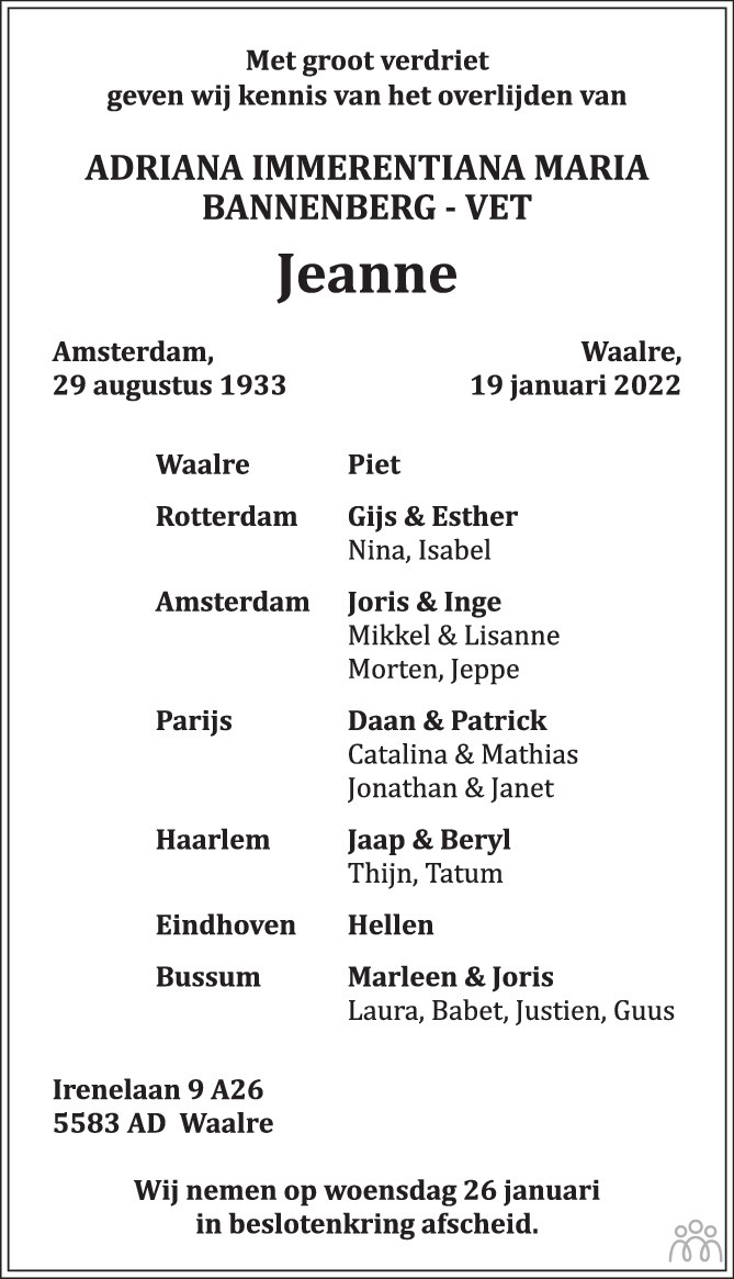 Overlijdensbericht van Jeanne (Adriana Immerentiana Maria) Bannenberg-Vet in Eindhovens Dagblad
