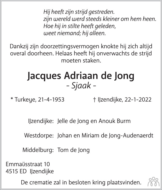 Overlijdensbericht van Jacques Adriaan (Sjaak) de Jong in PZC Provinciale Zeeuwse Courant