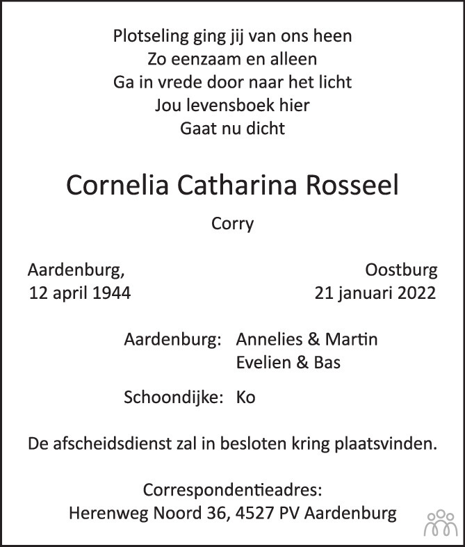 Overlijdensbericht van Cornelia Catharina (Corry)  Rosseel in PZC Provinciale Zeeuwse Courant