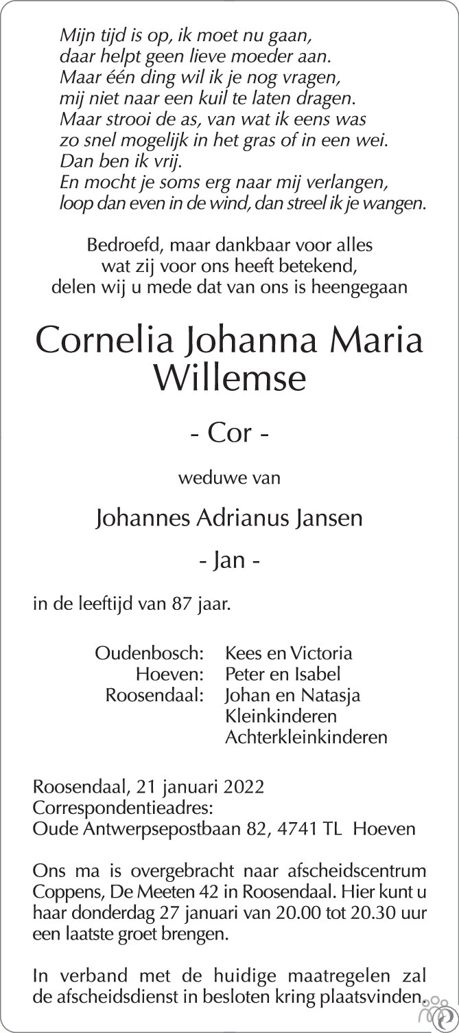 Overlijdensbericht van Cornelia Johanna Maria (Cor) Jansen-Willemse in BN DeStem