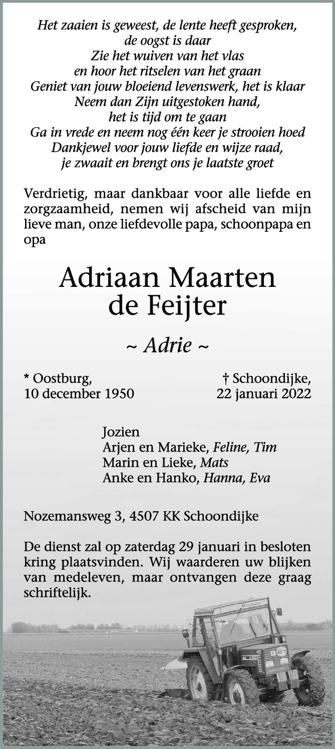 Overlijdensbericht van Adrie (Adriaan Maarten) de Feijter in PZC Provinciale Zeeuwse Courant