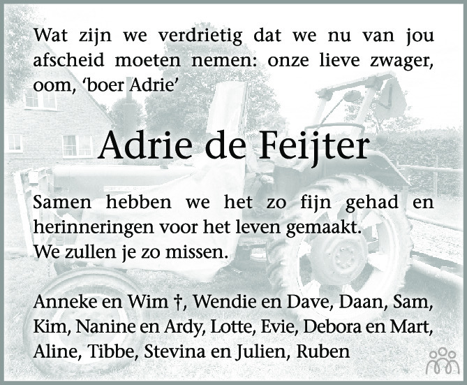 Overlijdensbericht van Adrie (Adriaan Maarten) de Feijter in PZC Provinciale Zeeuwse Courant