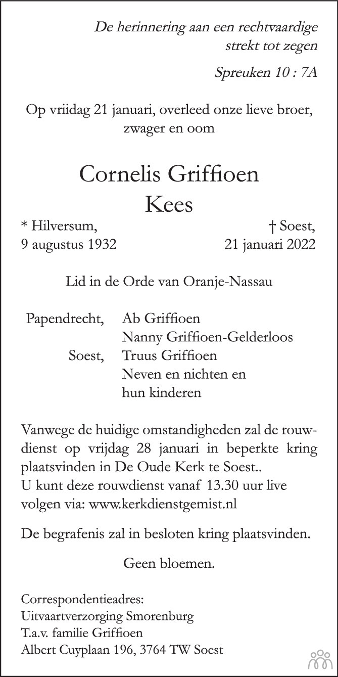 Overlijdensbericht van Cornelis (Kees) Griffioen in Trouw