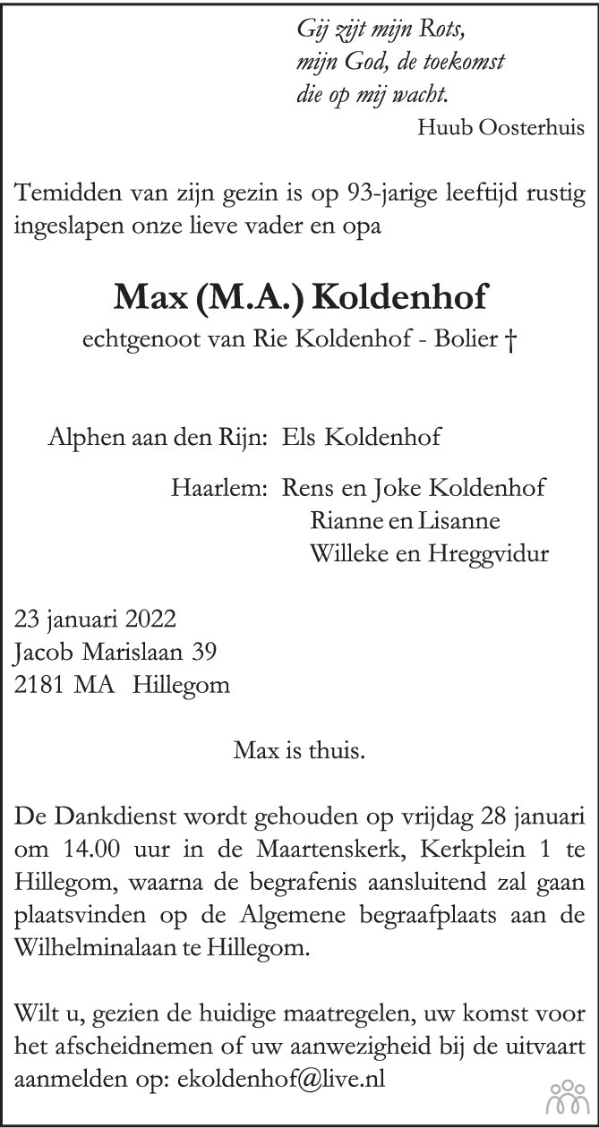 Overlijdensbericht van Max (M.A.) Koldenhof in Het Parool