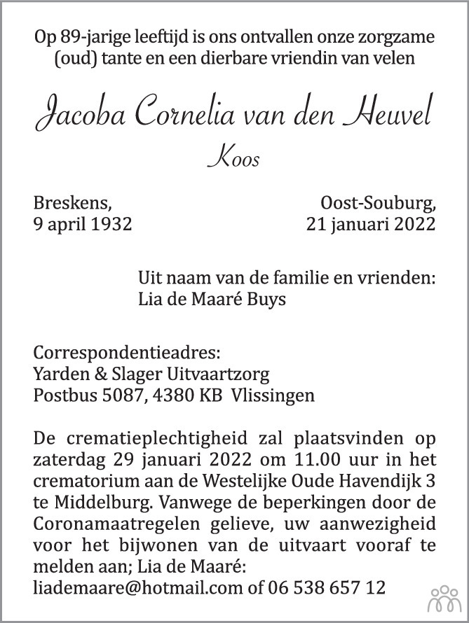 Overlijdensbericht van Jacoba Cornelia (Koos) van den Heuvel in PZC Provinciale Zeeuwse Courant