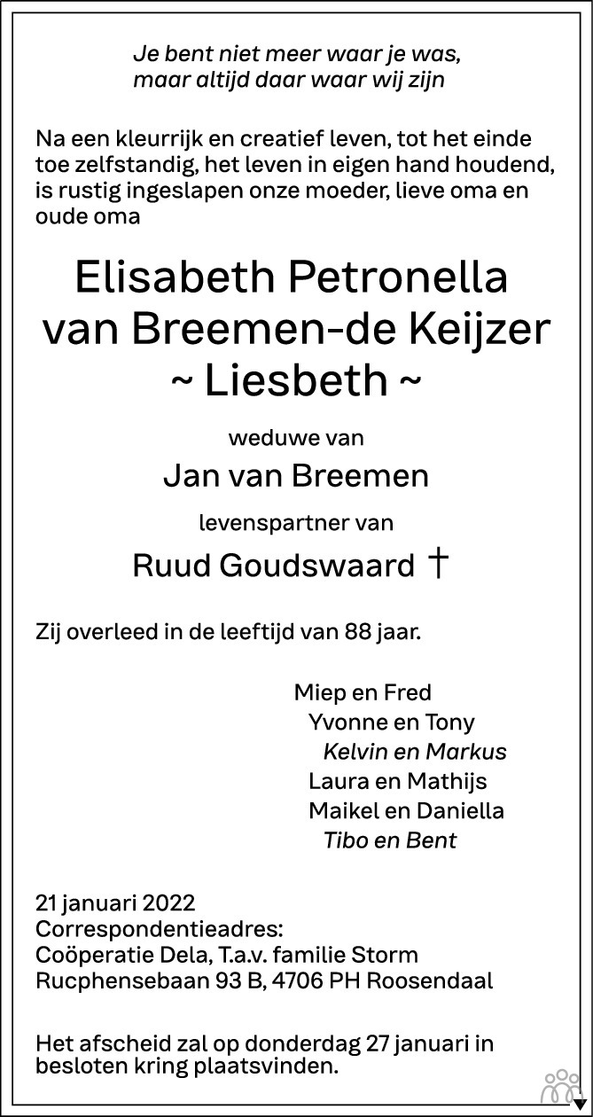 Overlijdensbericht van Elisabeth Petronella (Liesbeth) van Breemen-de Keijzer in BN DeStem
