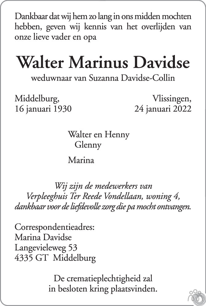 Overlijdensbericht van Walter Marinus Davidse in PZC Provinciale Zeeuwse Courant