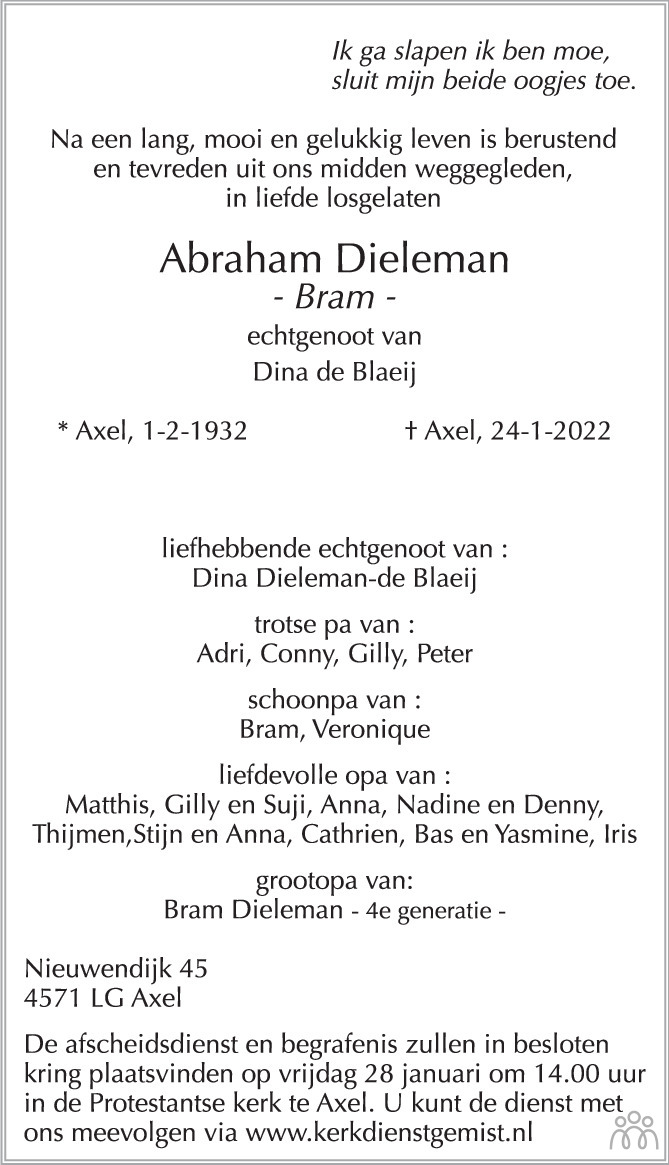 Overlijdensbericht van Abraham (Bram) Dieleman in PZC Provinciale Zeeuwse Courant