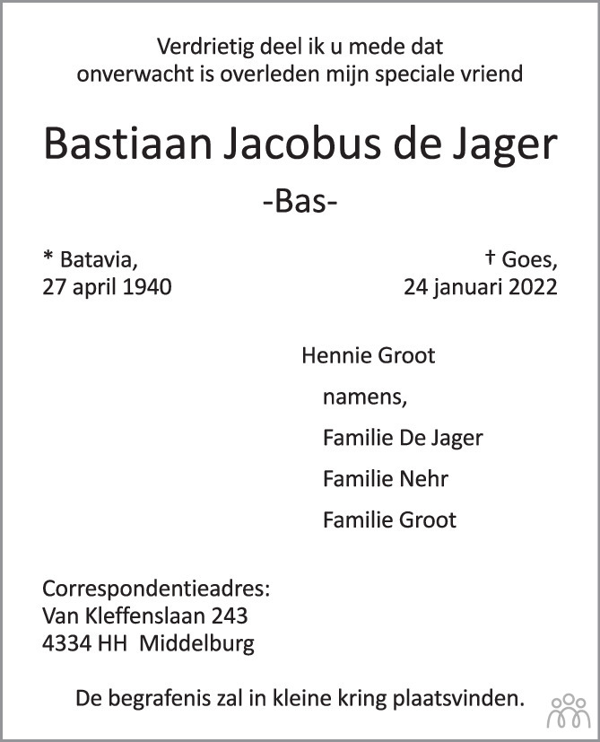 Overlijdensbericht van Bastiaan Jacobus (Bas) de Jager in PZC Provinciale Zeeuwse Courant