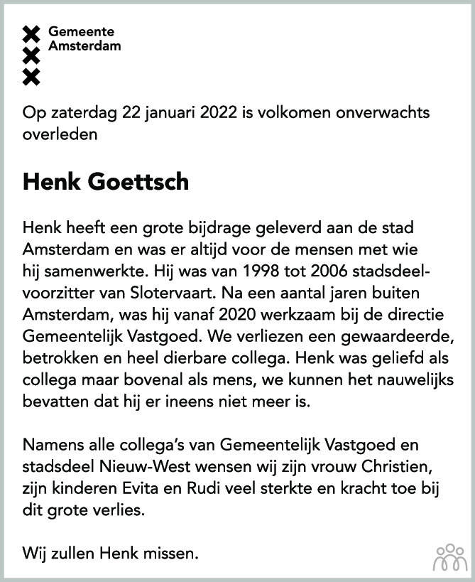 Overlijdensbericht van Henk Goettsch in Het Parool