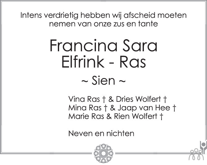 Overlijdensbericht van Sien (Francina Sara) Elfrink-Ras in PZC Provinciale Zeeuwse Courant