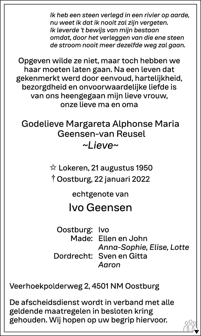 Overlijdensbericht van Lieve (Godelieve Margareta Alphonse Maria) Geensen-van Reusel in PZC Provinciale Zeeuwse Courant
