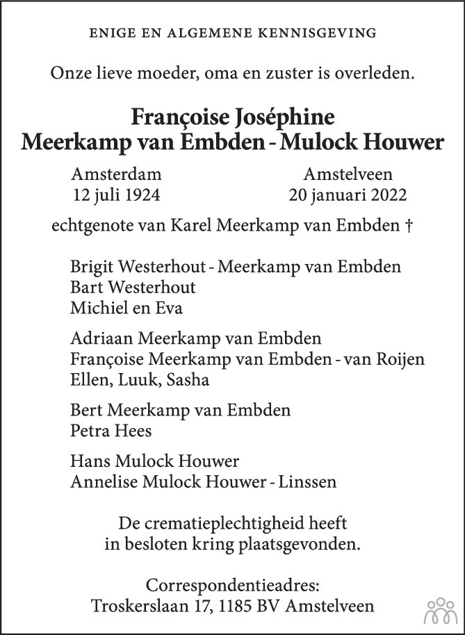 Overlijdensbericht van Francoise Joséphine Meerkamp van Embden-Mulock Houwer in Het Parool