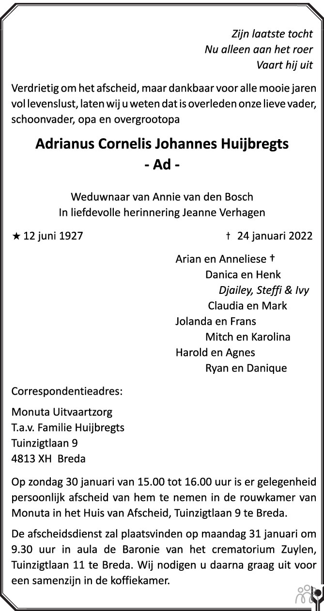 Overlijdensbericht van Adrianus Cornelis Johannes (Ad) Huijbregts in BN DeStem