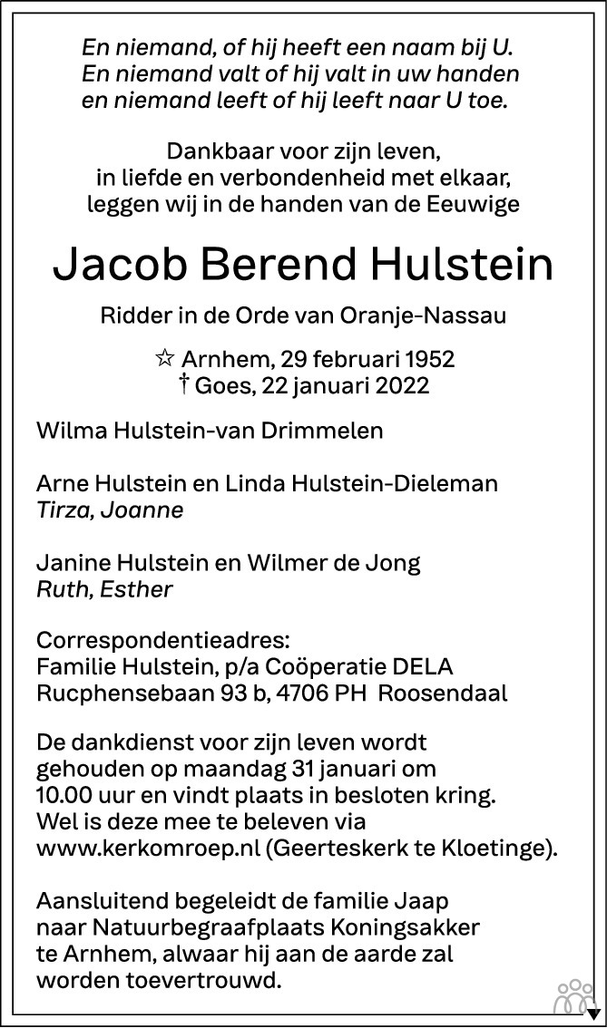 Overlijdensbericht van Jacob Berend Hulstein in PZC Provinciale Zeeuwse Courant