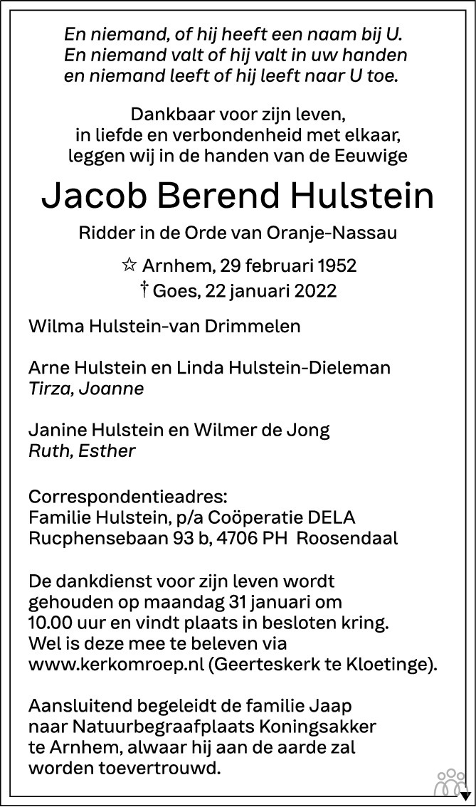 Overlijdensbericht van Jacob Berend Hulstein in Trouw