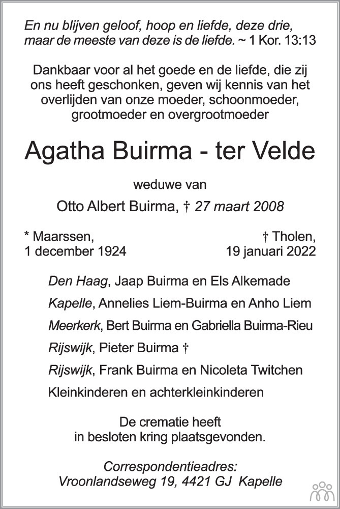 Overlijdensbericht van Agatha Buirma-ter Velde in PZC Provinciale Zeeuwse Courant