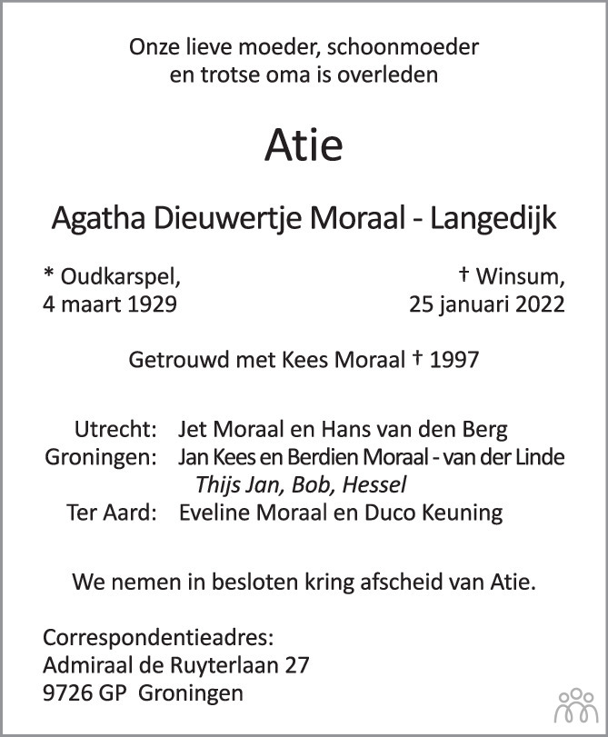 Overlijdensbericht van Agatha Dieuwertje Moraal-Langedijk in de Volkskrant