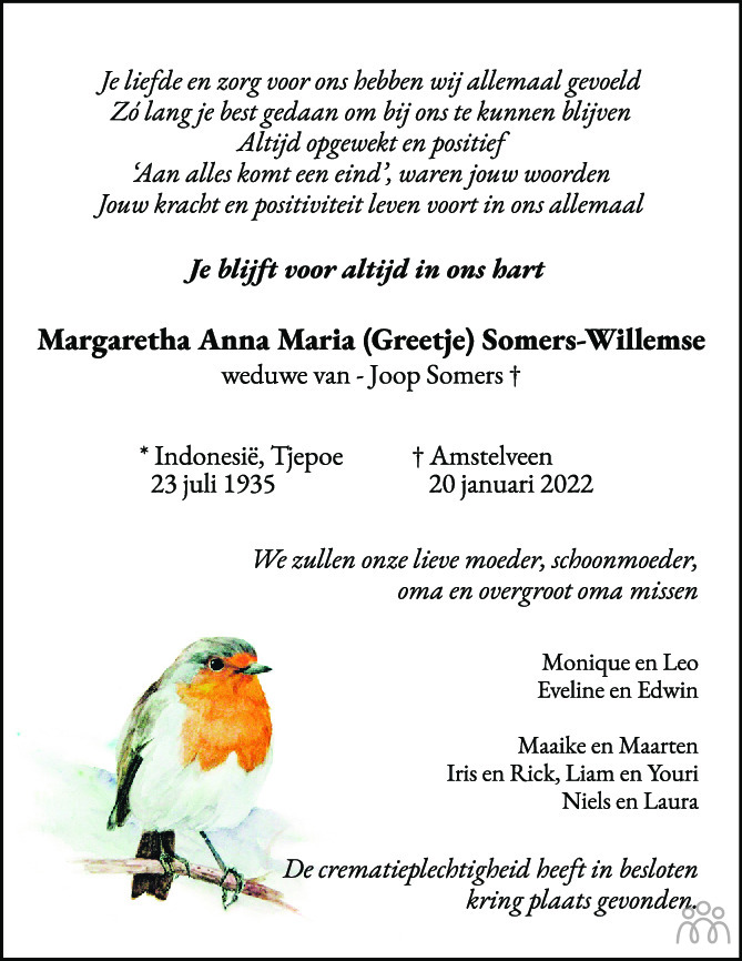Overlijdensbericht van Margaretha Anna Maria (Greetje) Somers-Willemse in Het Parool