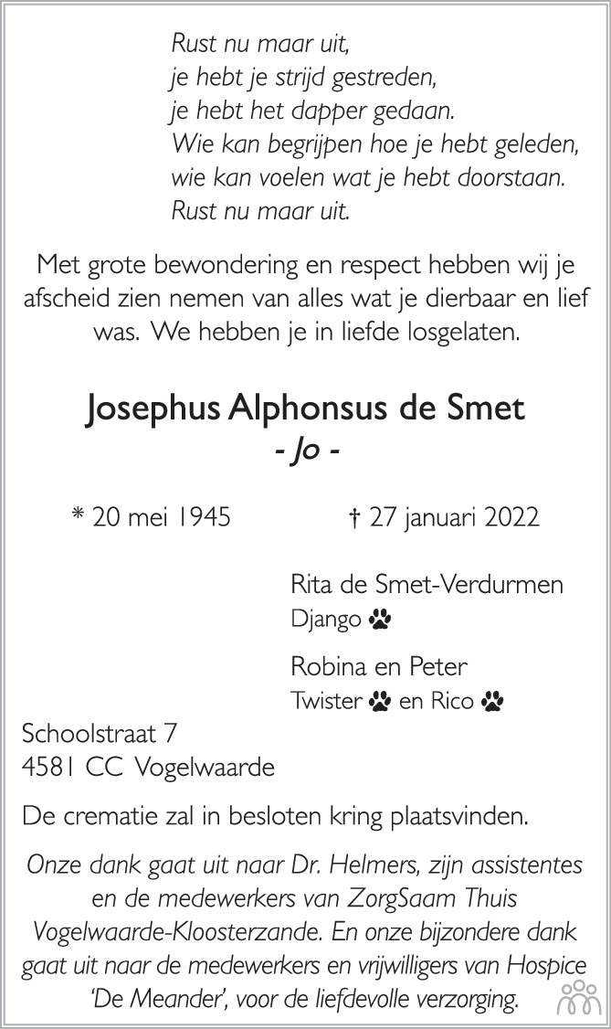 Overlijdensbericht van Josephus Alphonsus (Jo) de Smet in PZC Provinciale Zeeuwse Courant