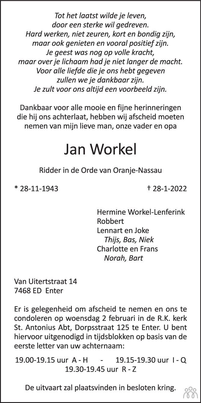 Jan Workel 28-01-2022 overlijdensbericht en condoleances - Mensenlinq.nl