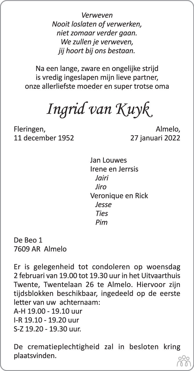 Ingrid Van Kuyk 27 01 2022 Overlijdensbericht En Condoleances