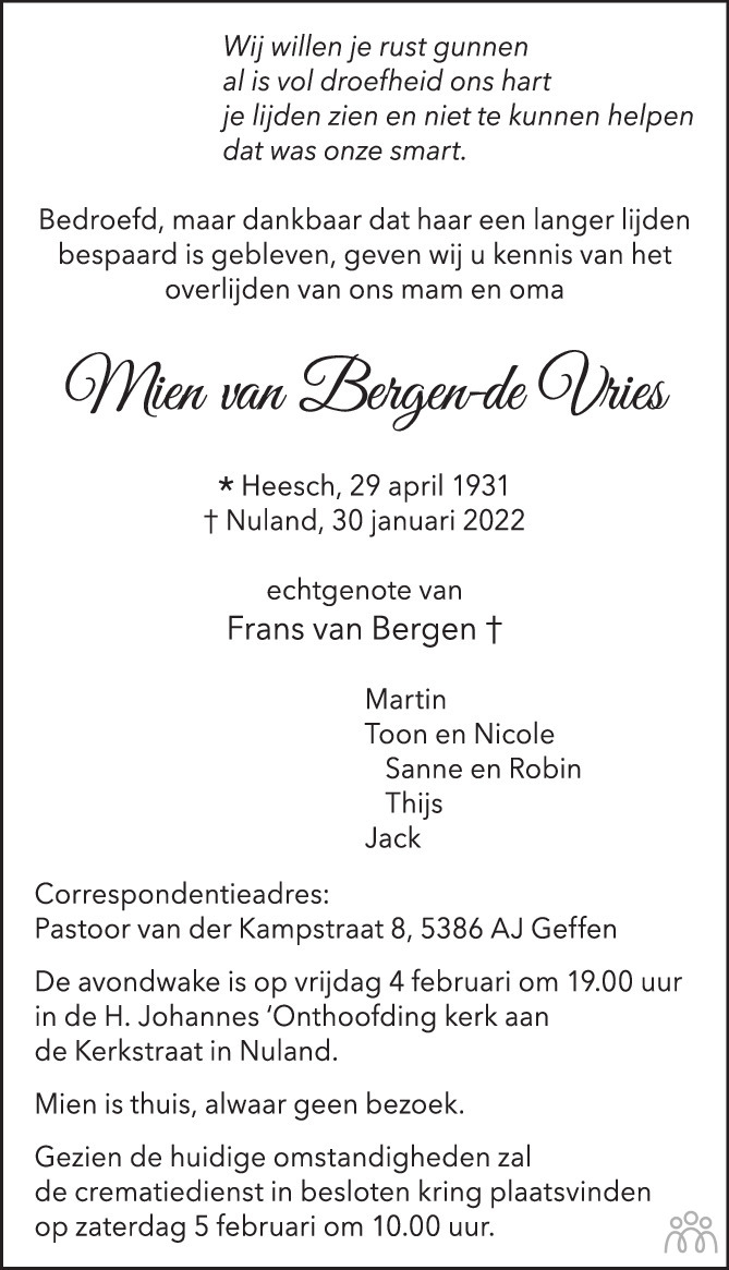 Overlijdensbericht van Mien van Bergen-de Vries in Brabants Dagblad