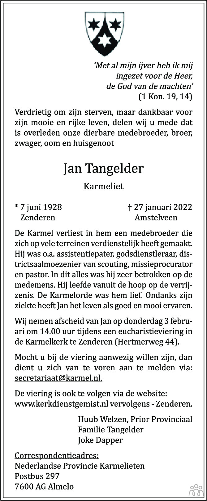 Overlijdensbericht van Jan Tangelder in Tubantia