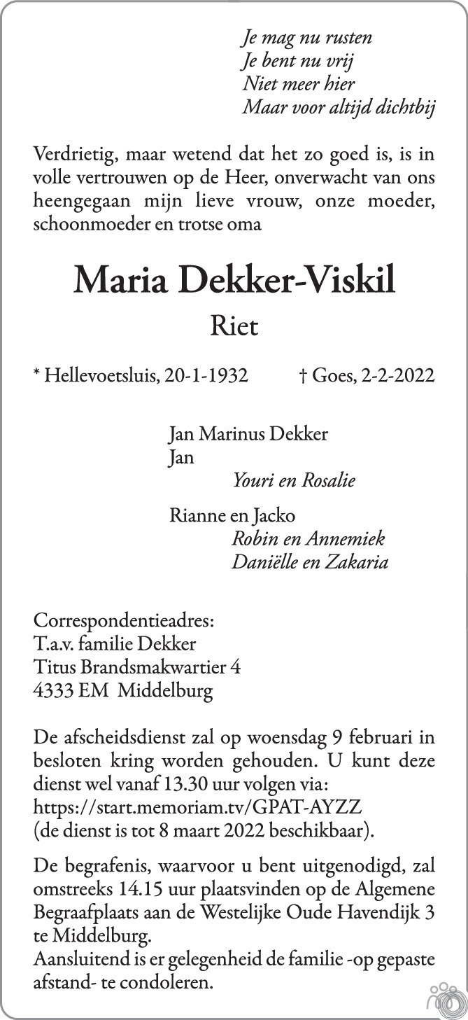 Overlijdensbericht van Maria (Riet) Dekker-Viskil in PZC Provinciale Zeeuwse Courant
