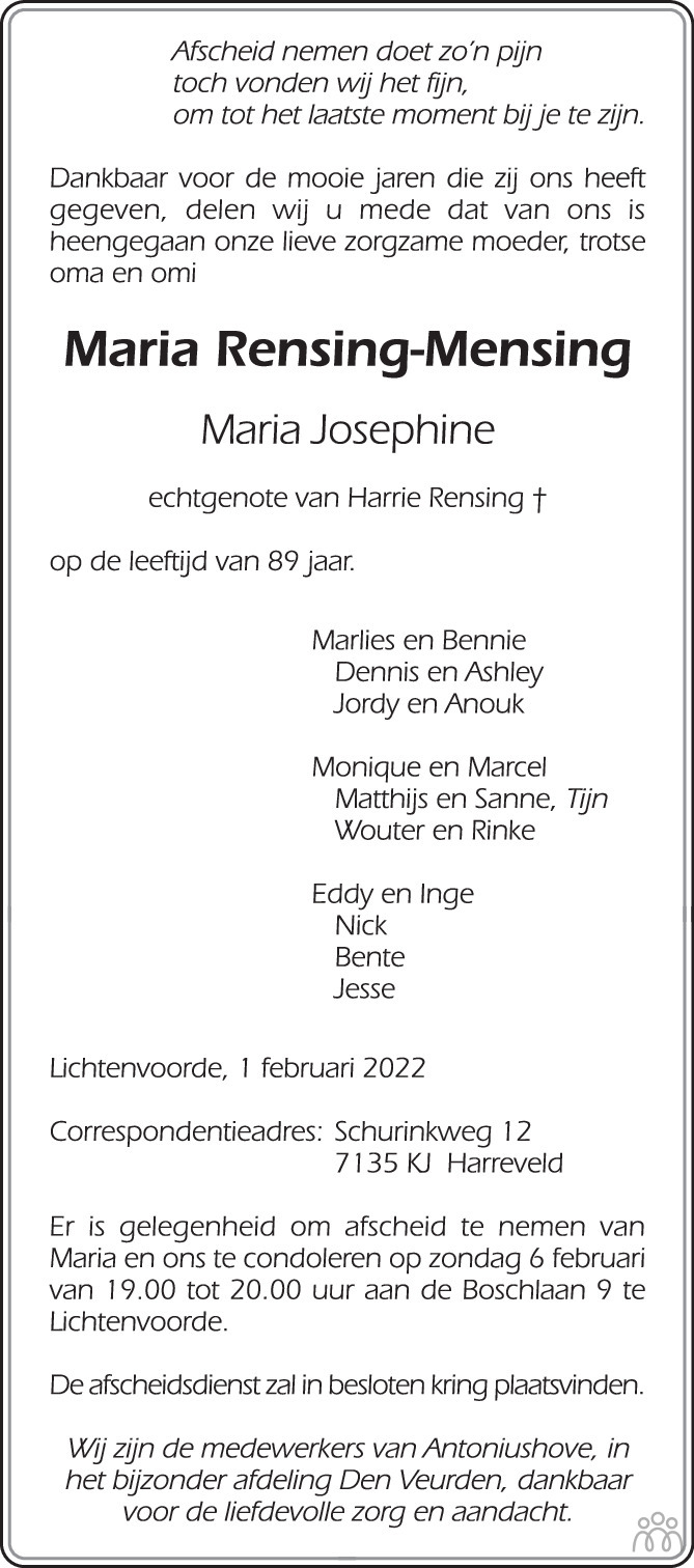 Maria (Maria Josephine) Rensing-Mensing 01-02-2022 overlijdensbericht ...