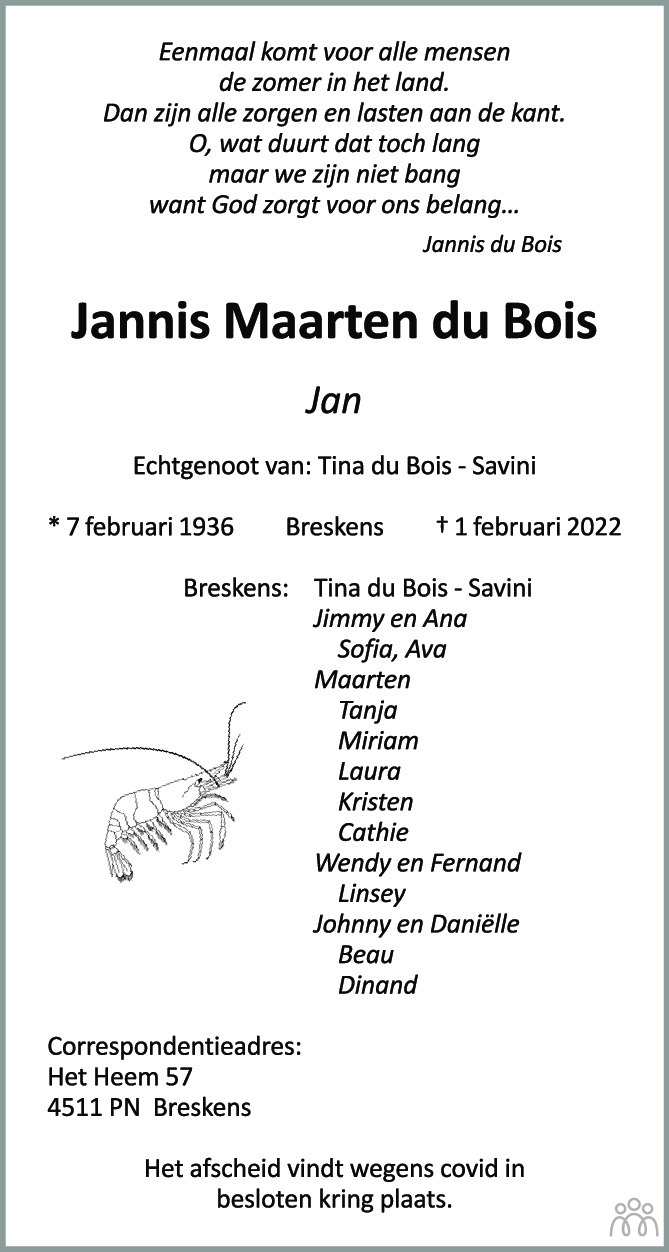 Overlijdensbericht van Jannis Maarten (Jan) du Bois in PZC Provinciale Zeeuwse Courant