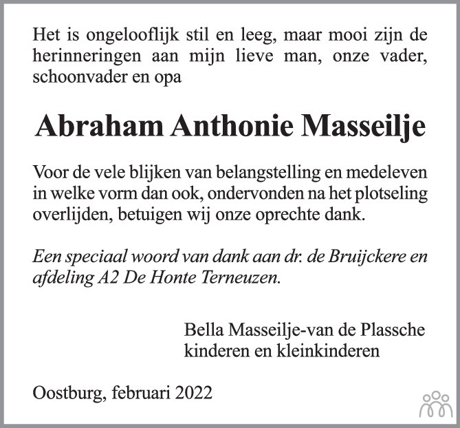 Overlijdensbericht van Abraham Anthonie (Bram) Masseilje in PZC Provinciale Zeeuwse Courant