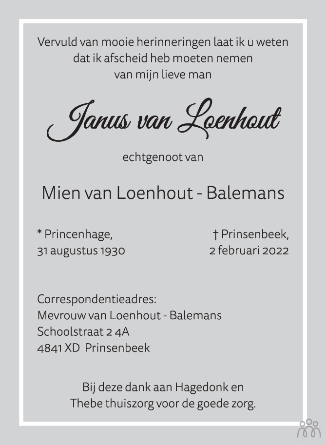 Overlijdensbericht van Janus van Loenhout in BN DeStem