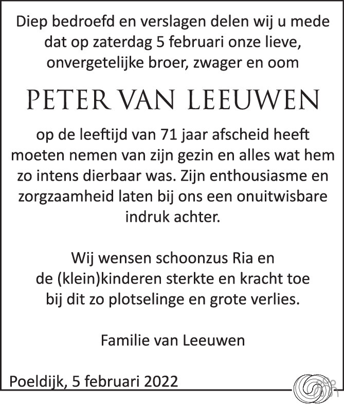 Peet Peter Petrus Cornelis Aloysius Maria Van Leeuwen 05 02 2022