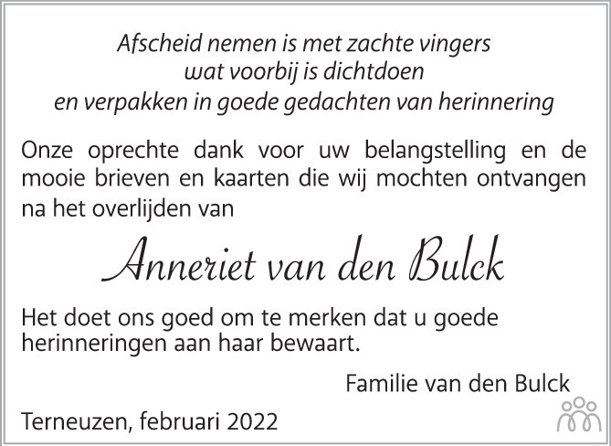 Overlijdensbericht van Anneriet (Anna Maria) van den Bulck in PZC Provinciale Zeeuwse Courant