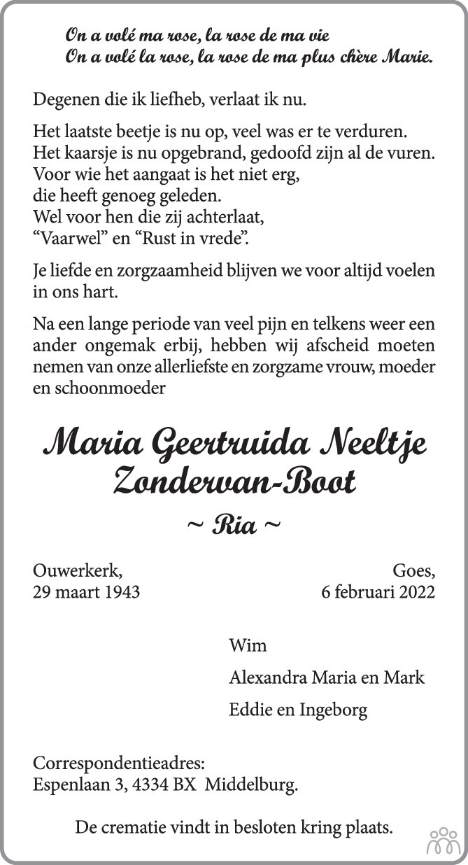 Overlijdensbericht van Maria Geertruida Neeltje Zondervan-Boot in PZC Provinciale Zeeuwse Courant