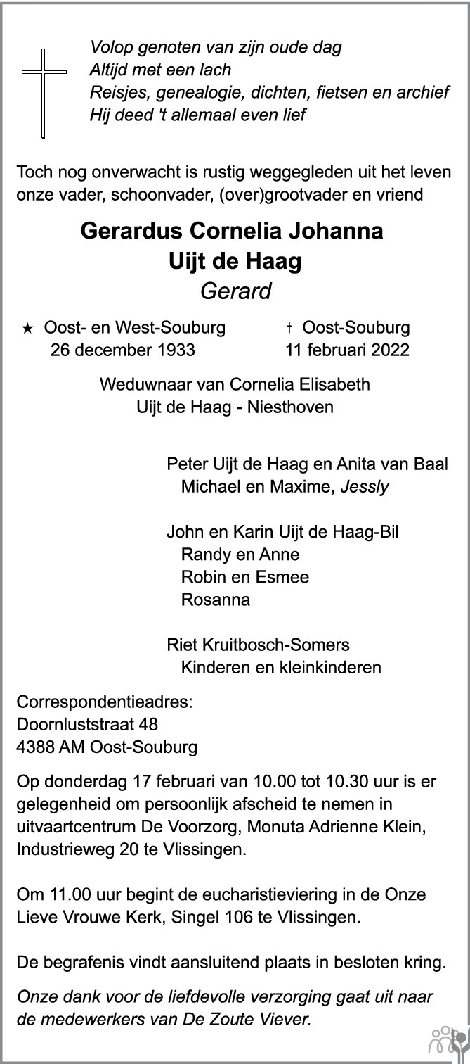 Overlijdensbericht van Gerardus Cornelia Johanna Uijt de Haag in PZC Provinciale Zeeuwse Courant