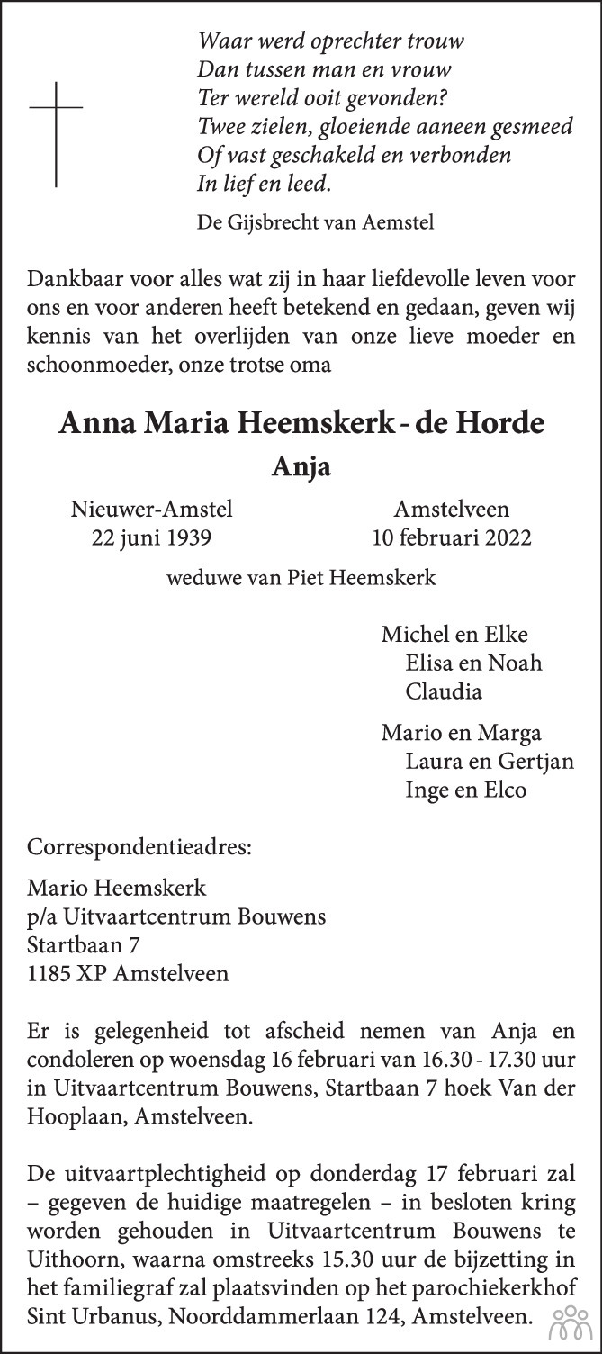 Overlijdensbericht van Anna Maria (Anja) Heemskerk-de Horde in de Volkskrant