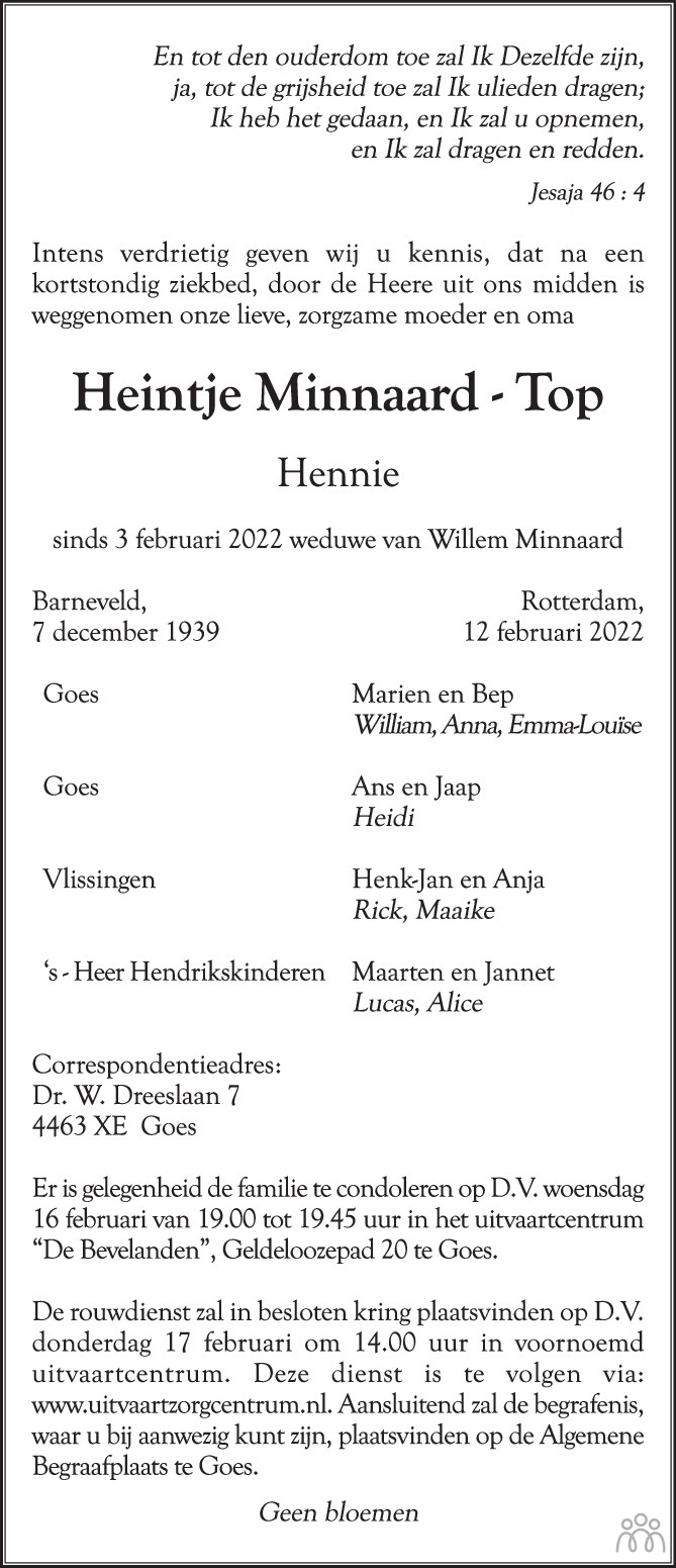 Overlijdensbericht van Heintje (Hennie) Minnaard-Top in PZC Provinciale Zeeuwse Courant