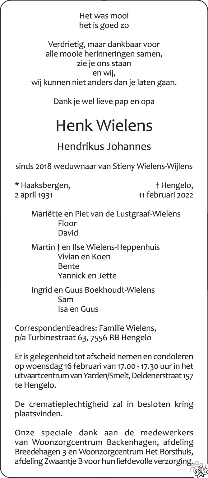 Henk Hendrikus Johannes Wielens 11 02 2022 Overlijdensbericht En